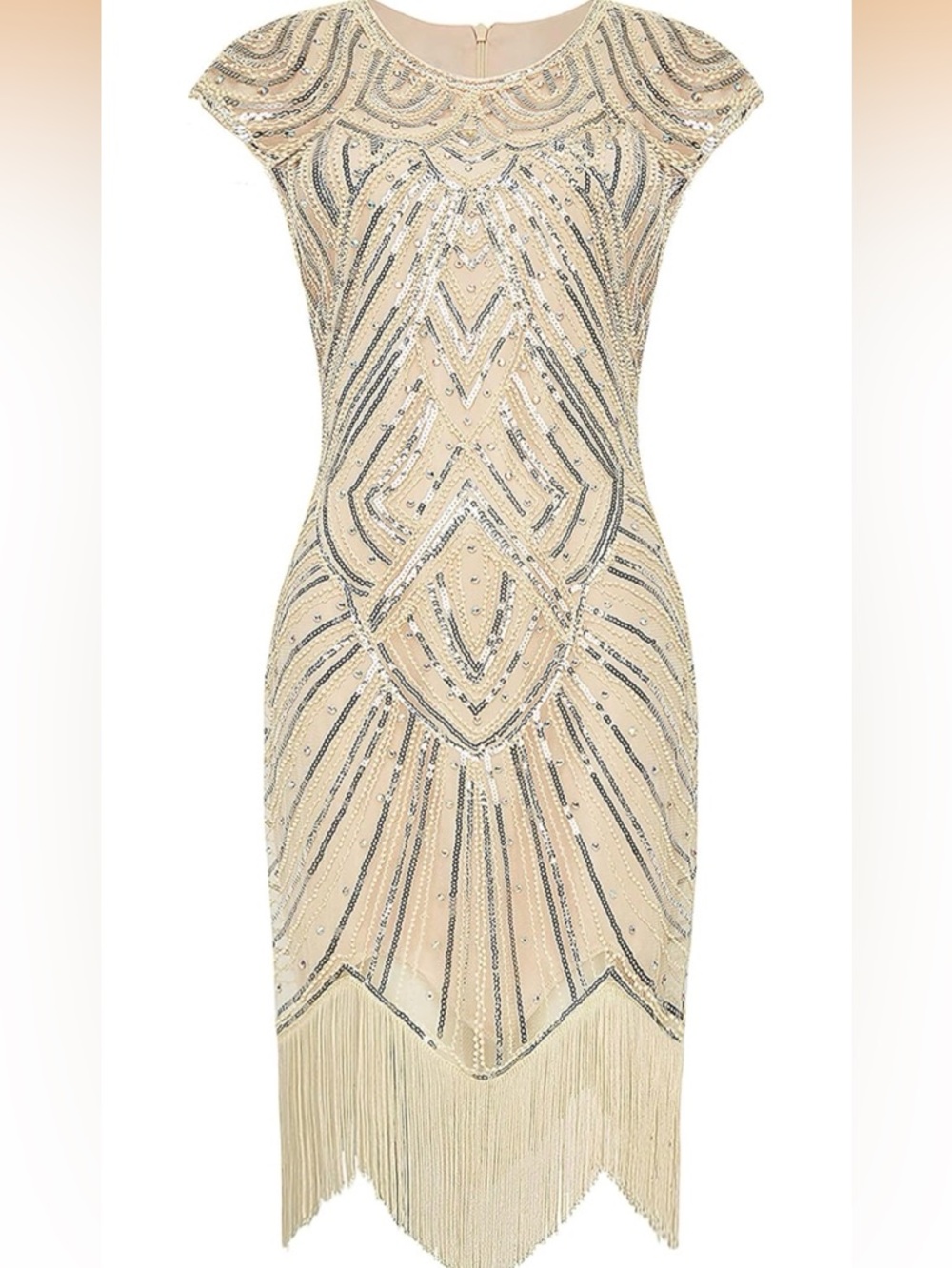 Gatsby Flapper Beaded Fringe Midi Dress in Champagne
